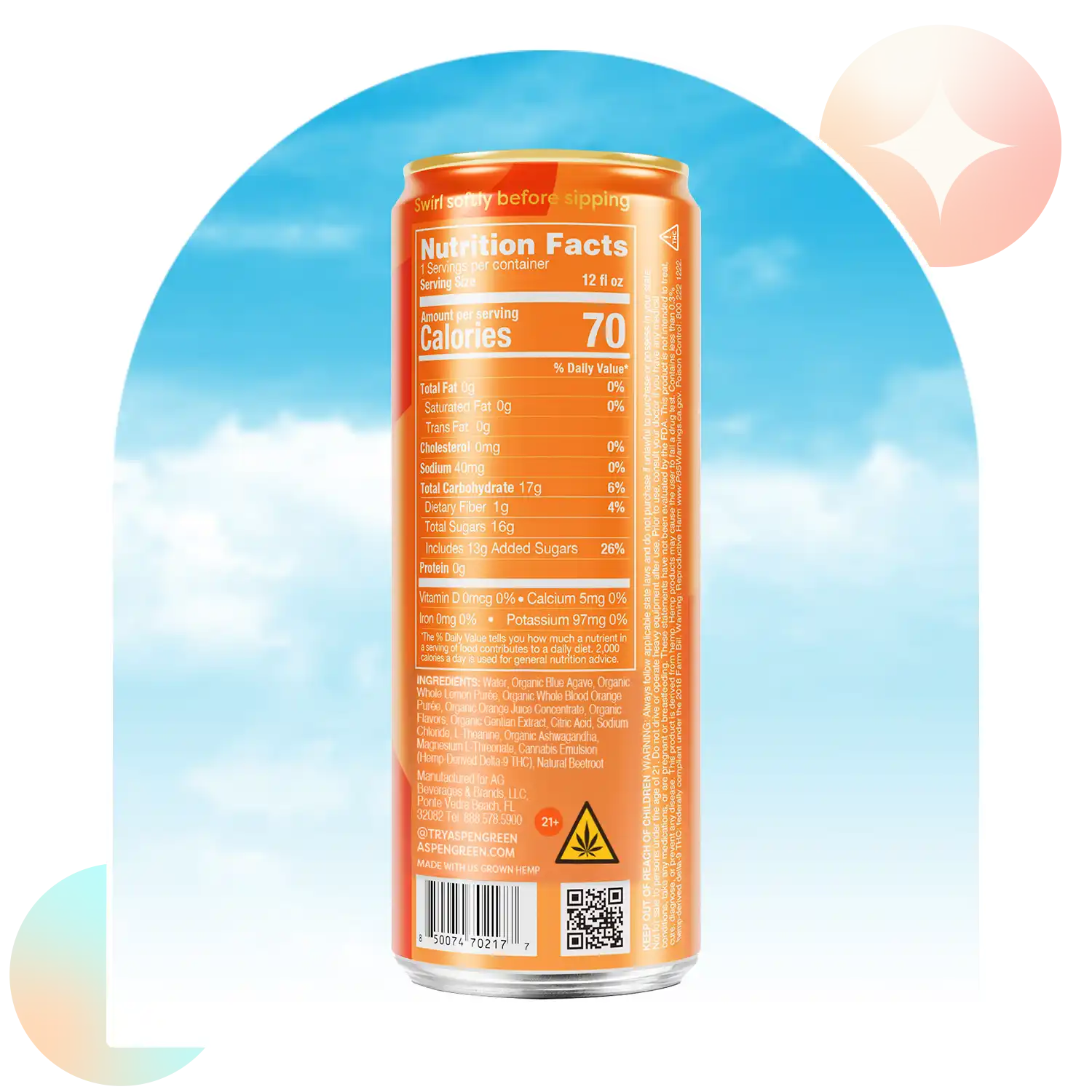 Aspen Green Amalfi Spritz THC drink nutrition facts against a blue sky background