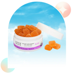 Open jar of Aspen Green Bliss Full Spectrum CBD Gummies with 3 gummies beside it; USDA Certified Organic, Tropical flavor, 30 count.