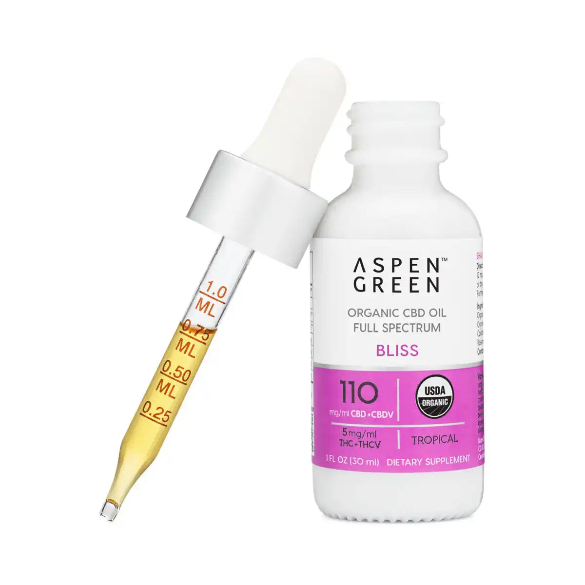 Aspen Green Bliss CBD oil dropper bottle with measurement scale on a white background