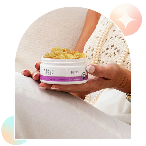 Hand holding a container of Aspen Green Bliss CBD Gummies with a blurred background.