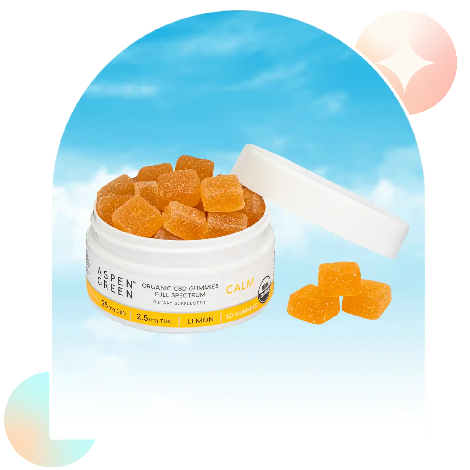 Open jar of Aspen Green Calm Full Spectrum CBD Gummies with 3 gummies beside it; USDA Certified Organic, Lemon flavor, 30 count.