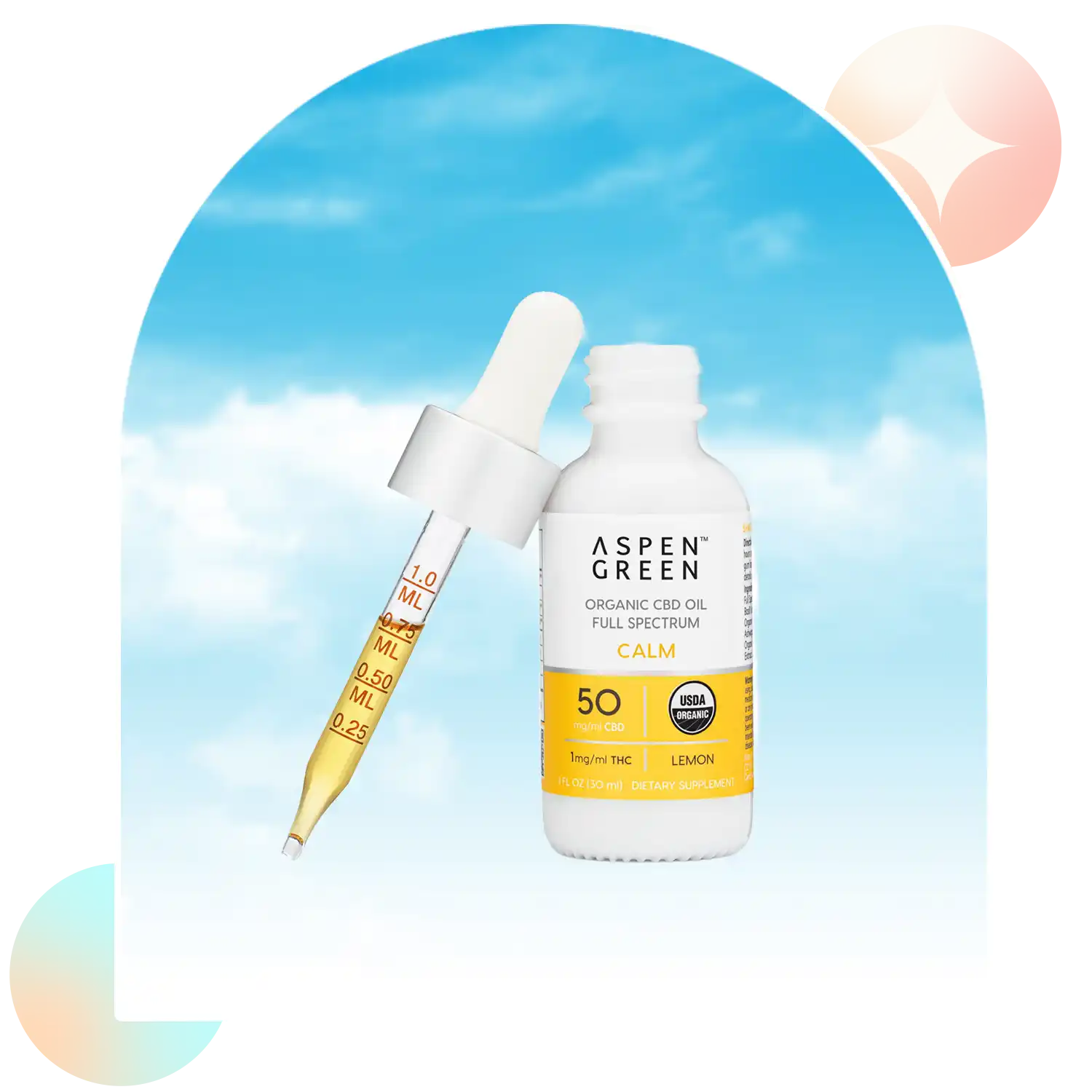 Aspen Green Calm CBD Oil tincture bottle with a dropper leaning against the bottle.