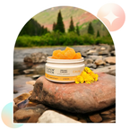 Open jar of Aspen Green USDA Certified Organic Calm CBD Gummies on a rock with a scenic outdoor background.