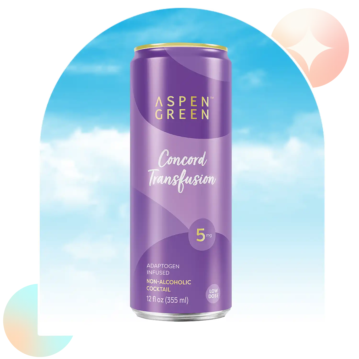 Aspen Green Concord Transfusion 5mg THC drink against a blue sky background