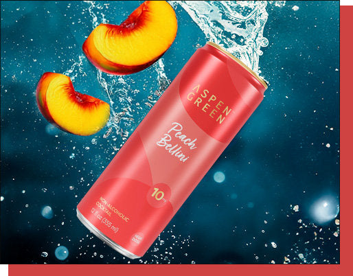 Can of Aspen Green Peach Bellini 10mg THC drink with peach slices and water splashes on a blue background