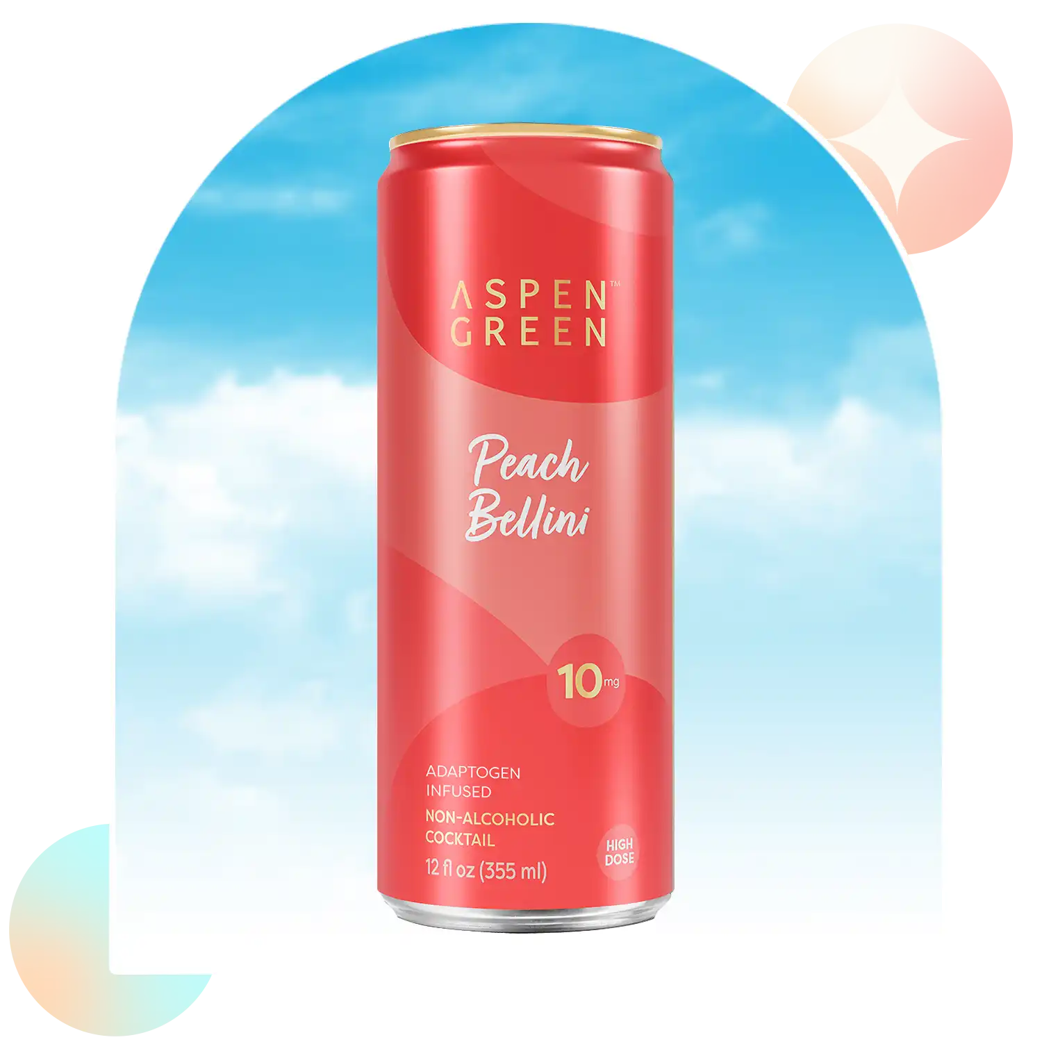 Aspen Green Peach Bellini 10mg THC drink against a blue sky background