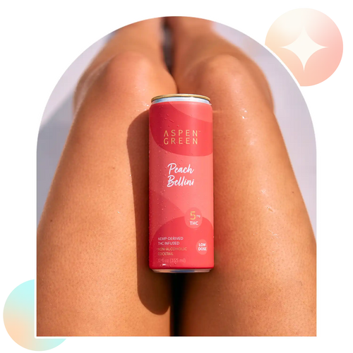 Aspen Green Peach Bellini 5mg THC beverage resting casually on a leg,