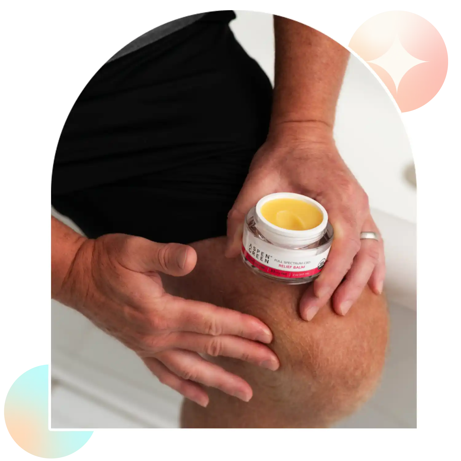 Man rubbing in Aspen Green Relief Balm on knee