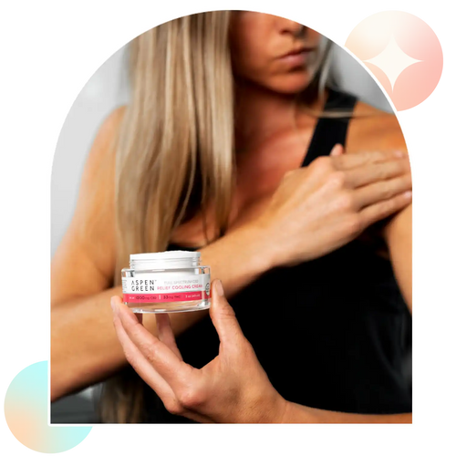 Woman rubbing in Aspen Green Relief Cooling Cream on shoulder