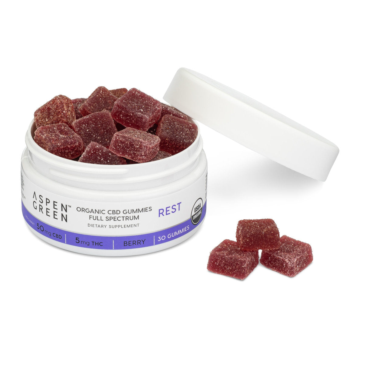 Aspen Green Rest Full Spectrum CBD Gummies - Open jar revealing USDA Certified Organic, 50mg CBD accompanied by three individual gummies, Berry Flavor, 30 count