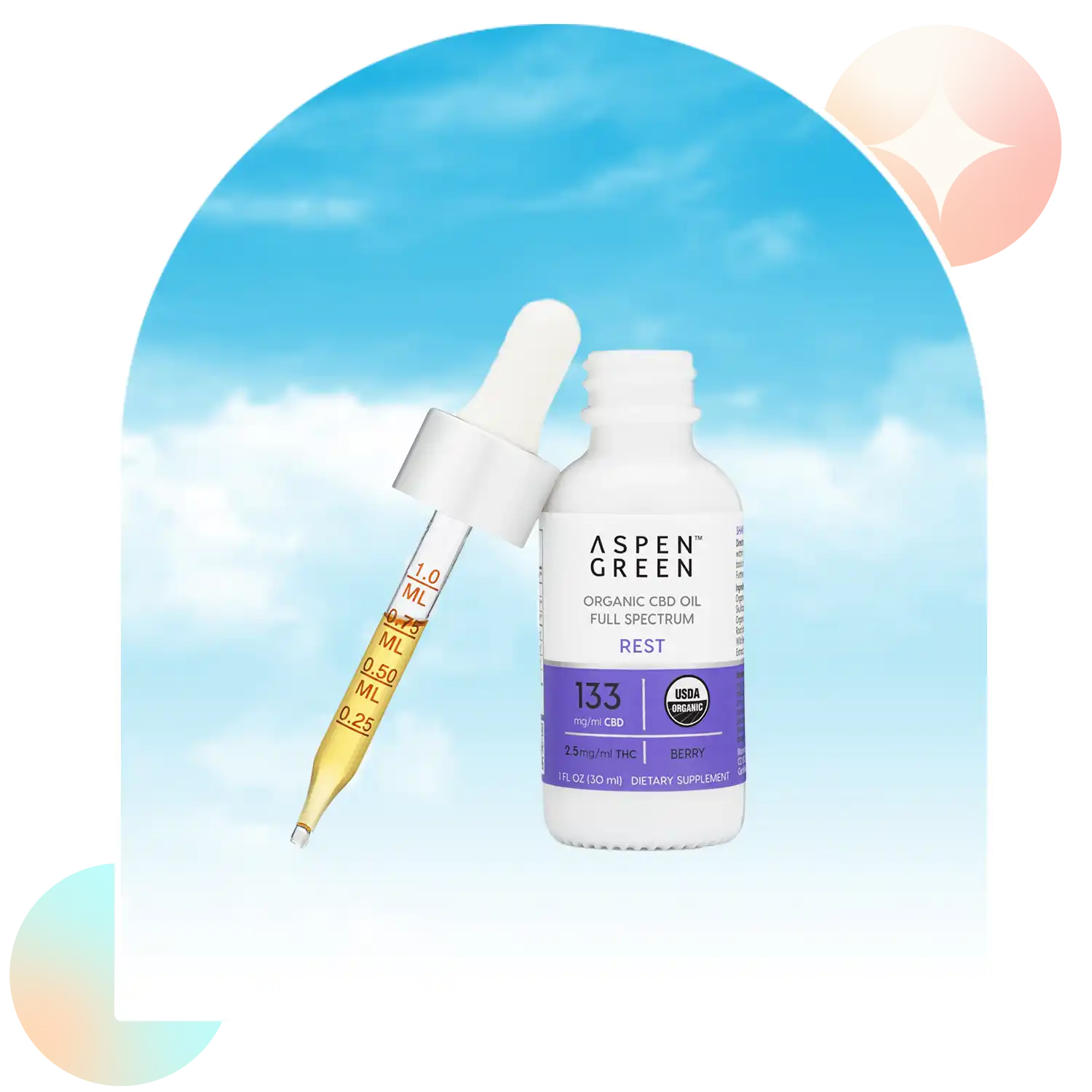 Aspen Green Rest CBD Oil tincture bottle with a dropper leaning against the bottle.