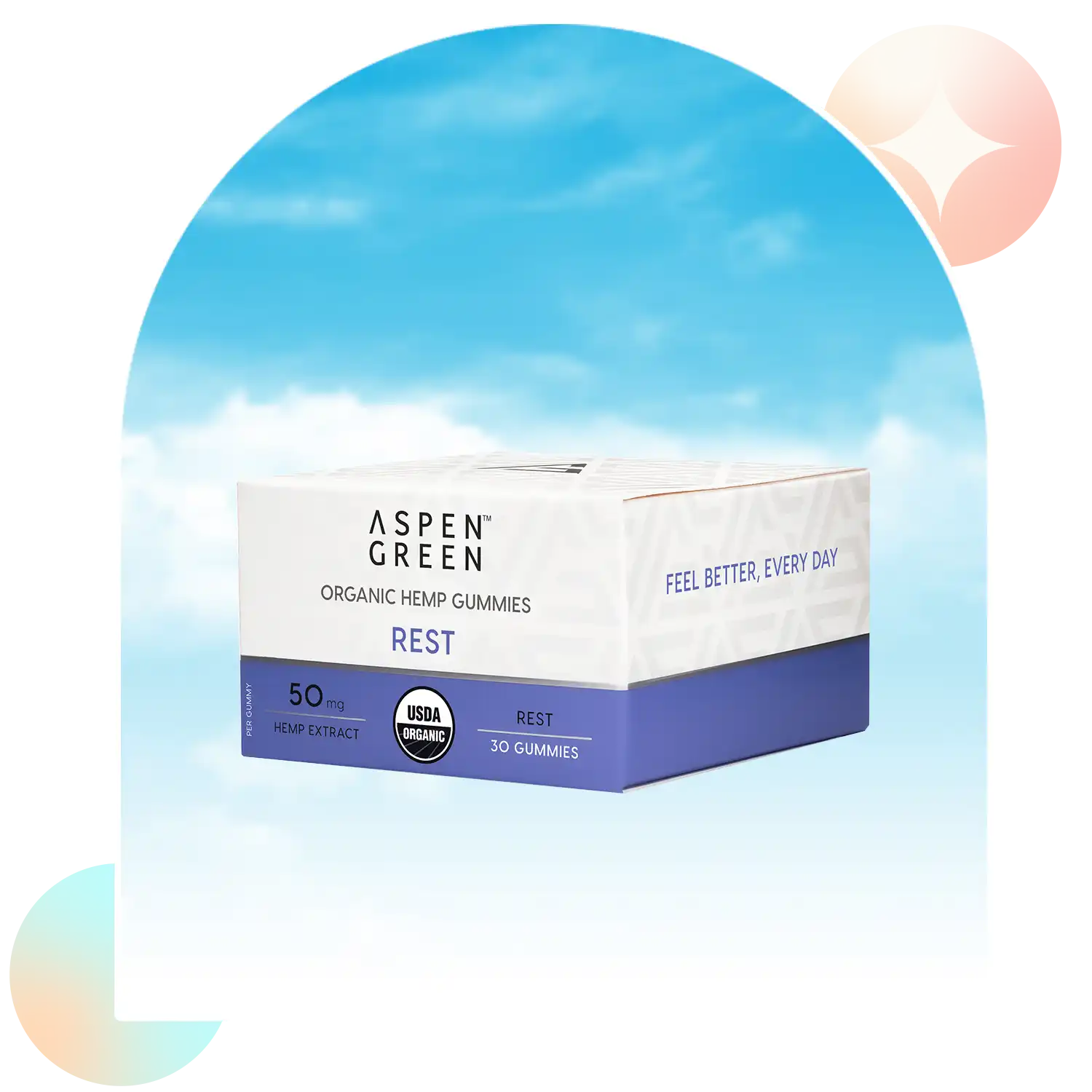 Aspen Green Rest Full Spectrum CBD Gummies box; USDA Certified Organic, Lemon flavor, 30 gummies.