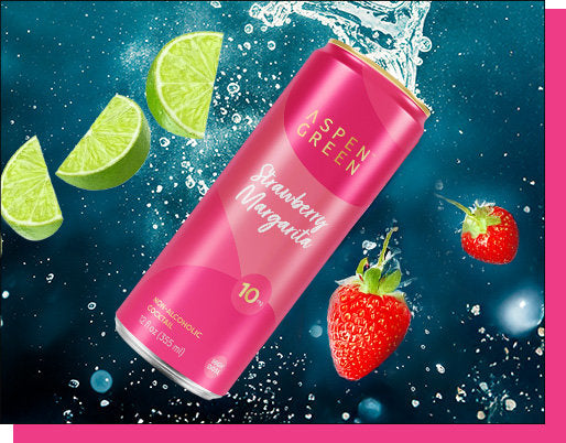 Aspen Green 10mg Strawberry Margarita THC beverage with lime and strawberry slices on a colorful blue backdrop