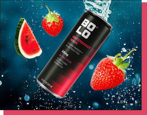 BOLO Waterberry Wave 10mg THC beverage with watermelon and strawberries on a blue background