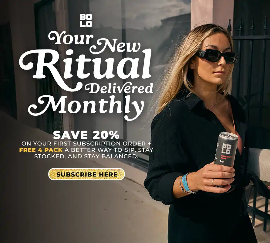 Woman holding a can of BOLO with promotional text about a drink subscription.