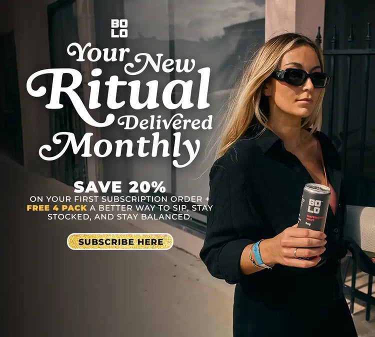 Woman holding a can of BOLO with promotional text about a drink subscription.