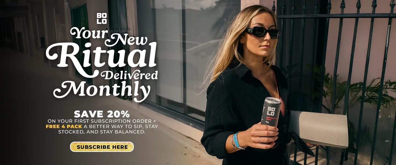 Woman holding a can of BOLO with promotional text about a drink subscription.