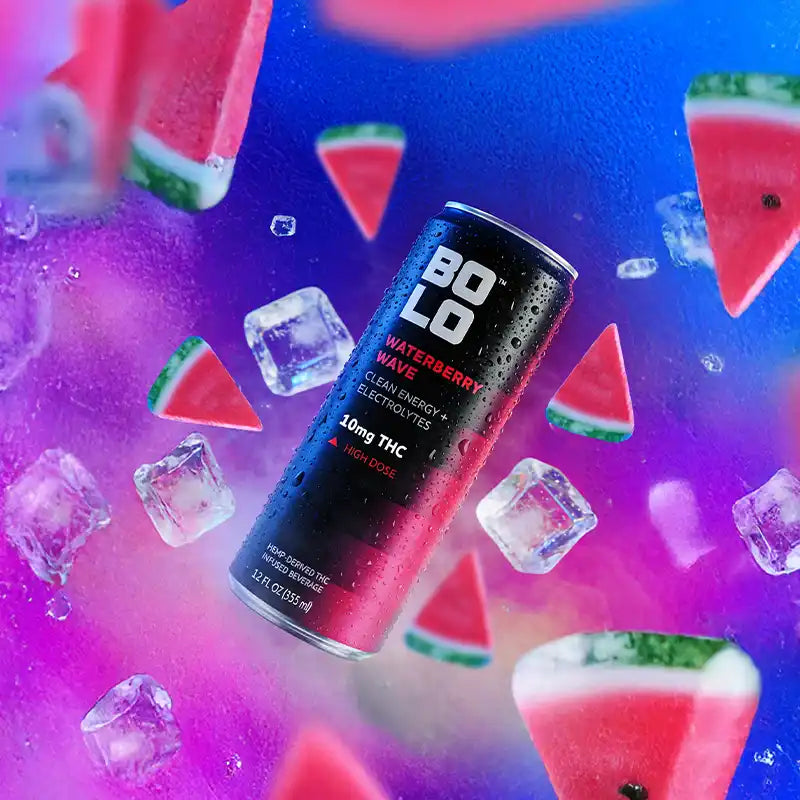 BOLO Waterberry Wave THC-Infused Drink Surrounded by Ice and Watermelon Slices