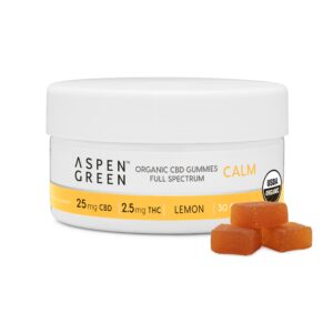 Aspen Green USDA Certified Organic CBD Gummies jar with gummies, Calm (25mg CBD), Lemon Flavor