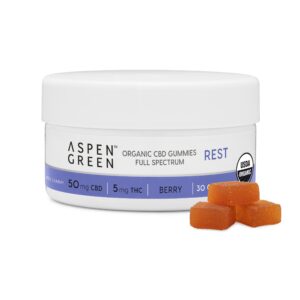 Aspen Green USDA Certified Organic CBD Gummies jar with gummies, Rest (50mg CBD), Berry Flavor