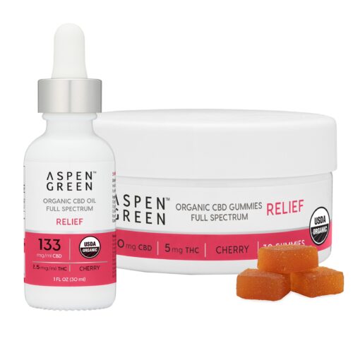 Aspen Green's Relief Bundle featuring USDA Certified Organic CBD Relief Oil and Gummies.