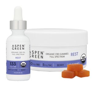 Aspen Green's Rest Bundle featuring USDA Certified Organic CBD Rest Oil and Gummies.