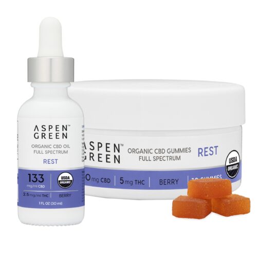 Aspen Green's Rest Bundle featuring USDA Certified Organic CBD Rest Oil and Gummies.