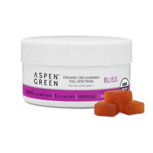 Aspen Green Organic CBD Gummies - Bliss (100mg CBD+CBDV) Tropical Flavor Jar with Three Gummies Next to It