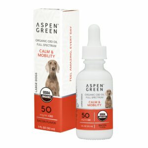 Aspen Green Calm & Mobility Large Dogs CBD Oil - USDA Certified Organic, Bacon Flavor - Bottle and Box