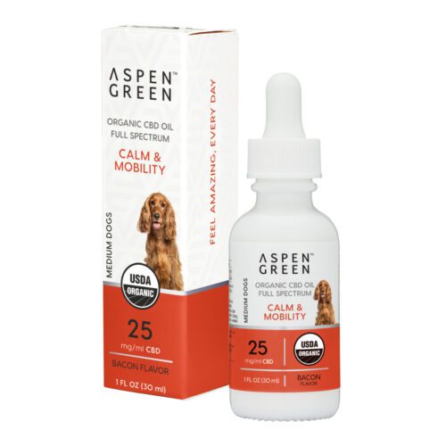 Aspen Green Calm & Mobility Medium Dogs CBD Oil - USDA Certified Organic, Bacon Flavor - Bottle and Box