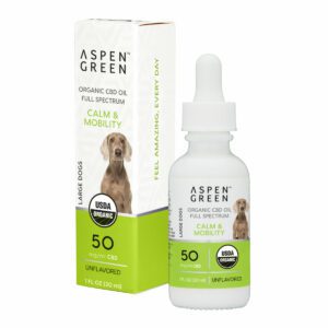 Aspen Green Calm & Mobility Large Dogs CBD Oil - USDA Certified Organic, Unflavored - Bottle and Box