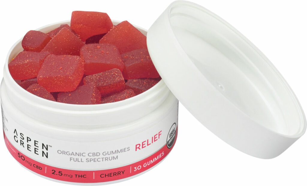 Aspen Green Relief Full Spectrum CBD Gummies - Open jar revealing USDA Certified Organic, 50mg CBD, Cherry Flavor, 30 count