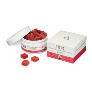 Aspen Green Relief Full Spectrum CBD Gummies - Open jar revealing USDA Certified Organic, 50mg CBD, placed next to its box, Cherry Flavor, 30 count